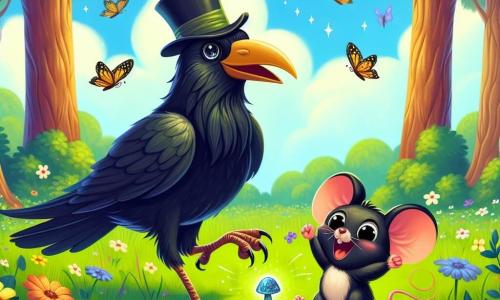 Ilustracja przedstawiająca radosną scenę w kolorowym lesie, gdzie wysokie drzewa o grubych pniach i błyszczących zielonych liściach wznoszą się pod niebieskim niebem usłanym puszystymi białymi chmurami. Na środku, czarny kruk z błyszczącym upierzeniem i ciekawymi oczami radośnie tańczy na gałęzi, nosząc stary cylinder, co nadaje mu zabawny wygląd. Obok niego mała szara myszka z dużymi uszami i okrągłymi oczami, pełna energii, skacze po ziemi pokrytej kolorowymi kwiatami, śmiejąc się i klaskając. Scena emanuje atmosferą święta, z wybuchami śmiechu i dynamicznymi ruchami, podczas gdy kruk i myszka celebrują swoje odkrycie tajemniczego, błyszczącego skarbu, małego, lśniącego kamyczka, który emituje promienie światła. Kolorowe motyle latają wokół nich, dodając odrobinę magii tej przyjaznej przygodzie.
