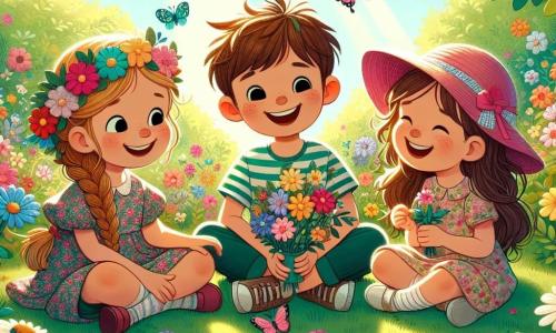 Ilustracja przedstawiająca słoneczny ogród, wypełniony kolorowymi kwiatami i zielonymi drzewami. W centrum, troje dzieci siedzi w kręgu na miękkiej trawie. Jest mała dziewczynka w wieku około 6 lat, z warkoczykami i promiennym uśmiechem, ubrana w kwiecistą sukienkę. Obok niej chłopiec w wieku 7 lat, z rozczochranymi brązowymi włosami i w paskowanym t-shircie, który radośnie się śmieje. Na koniec, inna mała dziewczynka w wieku 5 lat, z ładnym różowym kapeluszem, trzyma bukiet kwiatów w dłoniach. Dzieci dzielą się swoimi znaleziskami, pokazując liście i kwiaty, które zebrały, śmiejąc się i zachęcając się nawzajem. Kolorowe motyle latają wokół nich, dodając magii temu momentowi przyjaźni i radości.