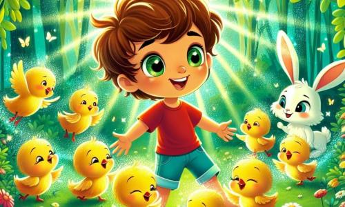 Ilustracja przedstawiająca magiczną scenę w zaczarowanym lesie, gdzie promienie słońca filtrują się przez zielone liście, tworząc świetliste wzory na podłożu pokrytym kolorowymi kwiatami. W centrum obrazu dziewięcioletni chłopiec z rozwichrzonym brązowym włosem i błyszczącymi od ciekawości oczami nosi czerwoną koszulkę i niebieskie szorty. Radośnie się uśmiecha, tańcząc z małymi żółtymi kurczakami wokół niego, które skaczą wesoło, ich pióra błyszczą pod światłem. W tle mały królik z dużymi uszami, o białym futrze i figlarnych oczach, obserwuje scenę z rozbawionym wyrazem twarzy, gotowy do przyłączenia się do zabawy. Kurczaki, z małymi nóżkami i ciekawymi dzióbkami, wydają się bawić, naśladując ruchy chłopca, tworząc radosną i zabawną atmosferę. Kwiaty w żywych kolorach i fruwające motyle dodają odrobinę magii tej pełnej życia i śmiechu scenie.