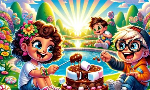Ilustración que representa un parque soleado, lleno de flores coloridas y árboles con hojas verdes brillantes. En el centro, una niña de 7 años, con cabello rizado y una gran sonrisa, está sentada en la hierba, rodeada de malvaviscos y pasteles, sumergiendo un malvavisco en un lago de chocolate brillante. A su lado, un niño de 8 años, alto y delgado, con una gorra de béisbol y gafas un poco grandes, mira con asombro el lago, mientras que otro niño de 7 años, con el cabello desordenado y una expresión traviesa, se prepara para hacer una broma lanzando un dulce. Al fondo, una montaña de dulces coloridos se alza, añadiendo un toque de magia a la escena, mientras risas y estallidos de alegría flotan en el aire.
