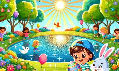 Ilustración que representa un parque soleado con un lago brillante en el centro, rodeado de árboles verdes y flores coloridas. En primer plano, un niño de unos 7 años, con cabello castaño y una gorra azul, sonríe alegremente mientras sostiene un gran huevo de chocolate decorado con motivos coloridos. A su lado, un gran conejo de peluche, con pelaje blanco y orejas grandes, parece hacerle un guiño amistoso. El niño mira el lago donde la luz del sol se refleja, creando destellos brillantes, mientras los pájaros cantan en los árboles. Al fondo, niños juegan con globos de colores, añadiendo un ambiente festivo a la escena de Pascua.