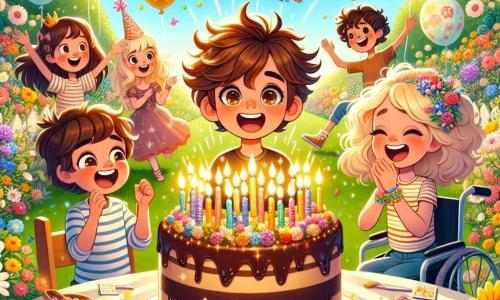 Illustrazione che rappresenta un giardino soleggiato, pieno di fiori colorati e palloncini che fluttuano nell'aria. Al centro, un grande tavolo decorato con una tovaglia a righe, su cui riposa una magnifica torta al cioccolato decorata con candele scintillanti. Un ragazzo di otto anni, con capelli castani disordinati e occhi brillanti, si trova davanti al tavolo, sorridendo con entusiasmo, pronto a spegnere le sue candele. Accanto a lui, una ragazza di otto anni, con capelli lunghi e biondi, indossa un bel braccialetto colorato e applaude gioiosamente. Un altro ragazzo, un po' più grande, con occhiali e capelli castani, tiene una grande palla da gioco, ridendo con i suoi amici. Sullo sfondo, una ragazza in sedia a rotelle, con capelli ricci e un sorriso radioso, guarda la scena con felicità, circondata dai suoi amici. I bambini stanno tutti festeggiando, pieni di gioia ed eccitazione, mentre gli uccelli volano nel cielo blu. Dei coriandoli colorati fluttuano nell'aria, aggiungendo un tocco festoso a questa magica scena di compleanno.