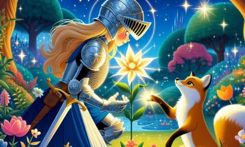 Ilustración que representa un magnífico jardín encantado, lleno de flores coloridas con pétalos brillantes, bajo un cielo azul radiante. En el centro, una joven caballera, con una armadura reluciente y cabello largo y dorado, se inclina con determinación hacia una flor luminosa, la Flor de la Eternidad, que irradia una luz suave. A su lado, un pequeño zorro dorado, con ojos chispeantes y pelaje sedoso, observa atentamente, listo para ayudarla. Al fondo, árboles majestuosos con hojas verdes vibrantes enmarcan la escena, añadiendo un toque de magia. La caballera, concentrada y valiente, está a punto de recoger la flor para salvar su reino, mientras que el zorro, lleno de sabiduría, parece susurrarle palabras de aliento. La atmósfera es a la vez pacífica y cargada de una tensión palpable, simbolizando la importancia de este momento decisivo.