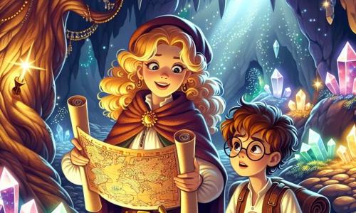 Ilustración que representa una cueva misteriosa con paredes brillantes, iluminada por cristales de colores que reflejan luces vivas. En el centro de la escena, una joven de cabello rizado y dorado, vestida con una túnica de exploradora, sostiene un antiguo rollo de mapa en sus manos, su rostro irradia emoción y determinación. A su lado, un niño de unos diez años, con gafas redondas y cabello castaño desordenado, observa atentamente un gran árbol con raíces retorcidas, pareciendo reflexionar sobre un enigma. La joven le habla a su amigo con una sonrisa, mientras un eco misterioso resuena en la cueva, añadiendo un toque de magia a la atmósfera. Piedras brillantes y sombras bailan a su alrededor, creando un ambiente de aventura y descubrimiento.