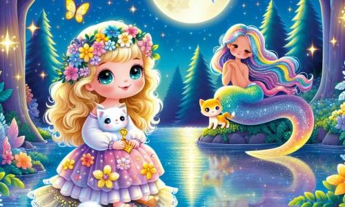 Ilustración que representa una mágica luz de luna junto a un lago brillante, rodeado de grandes árboles con hojas brillantes como cristales. En el centro, una niña de 3 años, con cabello rizado y dorado, lleva un vestido colorido adornado con flores. Está sentada sobre una piedra en forma de corazón, sosteniendo una llave dorada en sus pequeñas manos, con el rostro iluminado por el asombro. A su lado, un adorable gatito blanco, con ojos chispeantes, observa con curiosidad el agua que brilla. En el fondo, una sirena de cabello arcoíris emerge suavemente del lago, sonriente y bondadosa, añadiendo un toque de magia a la escena. Estrellas brillan en el cielo nocturno y mariposas de alas coloridas vuelan alrededor, creando una atmósfera de sueño y aventura.