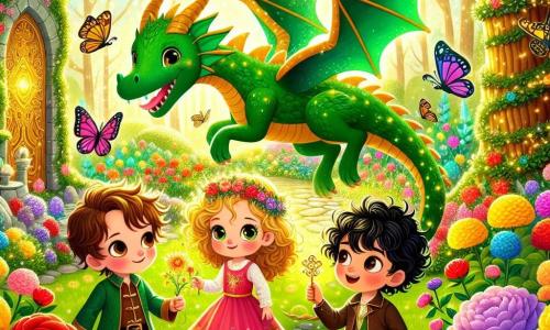 Ilustración que representa una escena mágica en un jardín de ensueño. El jardín está lleno de flores brillantes de colores vivos, como rosas rojas, girasoles amarillos y violetas moradas, rodeado de árboles con troncos dorados y hojas brillantes. En el centro, un gran dragón con escamas brillantes de verde y oro, con ojos suaves y una sonrisa amigable, sobrevuela el jardín. A su lado, un niño de cuatro años, con cabello castaño desordenado y ojos chispeantes de curiosidad, sostiene una pequeña llave dorada en su mano. A su derecha, una niña de cuatro años, con cabello rubio como los rayos del sol, lleva un vestido rosa adornado con flores y mira al dragón con asombro. A la izquierda, un niño de cuatro años, con cabello negro y rizado, sonríe con valentía, listo para vivir la aventura. La escena principal muestra a los tres amigos, maravillados, frente al dragón, discutiendo su misión para proteger la magia de este mundo encantado. Mariposas coloridas vuelan a su alrededor, añadiendo un toque de magia a la atmósfera. En el fondo, una puerta antigua cubierta de hiedra brilla levemente, sugiriendo la entrada a otras aventuras.
