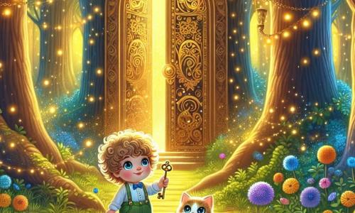 Ilustración que representa un claro de bosque encantado, bañado en luz dorada, con árboles majestuosos de troncos gruesos y hojas de un verde brillante. En el centro, un niño de 3 años, con cabello rizado como nubes de algodón y ojos chispeantes de curiosidad, sostiene una brillante llave dorada en su mano. A su lado, un pequeño gato de pelaje suave y sedoso, con ojos traviesos, mira a su alrededor con aire de emoción. Juntos, se encuentran frente a una puerta mágica, adornada con patrones coloridos y rodeada de flores azules que bailan al compás del viento. La escena desprende una atmósfera de aventura y magia, con destellos de luz centelleando a su alrededor, mientras se preparan para entrar en un mundo fantástico lleno de criaturas maravillosas.