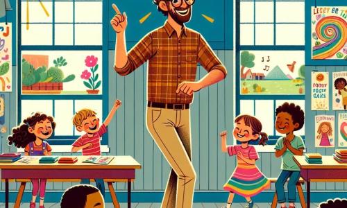 Illustrazione che rappresenta un'aula colorata, con muri decorati da disegni di bambini e poster educativi. Grandi finestre lasciano entrare la luce del sole, illuminando tavoli in legno su cui sono disposti libri e materiale scolastico. Al centro, un uomo sorridente, di circa trent'anni, con capelli castani in disordine e occhiali rotondi, danza gioiosamente mentre mostra i passi di danza ai bambini. Indossa una camicia a quadri e pantaloni beige, emanando un'energia contagiosa. Intorno a lui, diversi bambini di circa 8-10 anni si divertono: una ragazza con lunghi capelli ricci, vestita con un abito rosa, ride cercando di imitare i passi di danza; un ragazzo con occhiali e capelli corti, indossando una maglietta blu, applaude con entusiasmo; un'altra ragazza, con trecce e una maglietta gialla, si lancia girando su se stessa, piena di gioia. La scena principale mostra l'insegnante che, con un grande sorriso, incoraggia i bambini a ballare e divertirsi insieme, creando un'atmosfera di festa e apprendimento ludico. Palloncini colorati fluttuano sul soffitto e festoni di carta decorano la stanza, aggiungendo un tocco festivo a questa giornata memorabile.