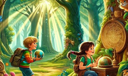 Illustrazione che rappresenta una vasta foresta incantata, dove grandi alberi con tronchi spessi si ergono maestosi, le cui foglie di un verde brillante filtrano i raggi del sole. Al centro della scena, una ragazza di 9 anni, con lunghi capelli castani e occhi brillanti di curiosità, è accovacciata vicino a una vecchia quercia, tenendo in mano un'antica mappamondo. Indossa una maglietta colorata e pantaloni corti, con uno zaino pieno di strumenti di esplorazione. Accanto a lei, due amici: un ragazzo di 10 anni, con capelli biondi in disordine e un cappellino, che osserva attentamente il mappamondo, e una ragazza di 9 anni, con trecce e un sorriso malizioso, che indica un indizio inciso sul tronco dell'albero. La scena emana un'atmosfera di avventura e mistero, con raggi di luce che attraversano i rami, illuminando fiori colorati e piccoli animali curiosi che li circondano.