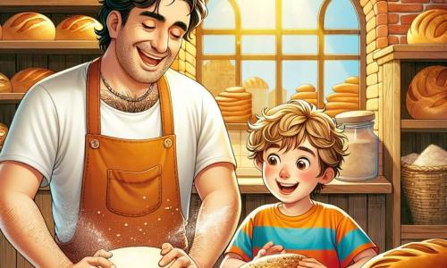 Illustrazione che rappresenta una deliziosa panetteria soleggiata, con muri in mattoni rossi e una vetrina piena di pani dorati e dolci deliziosi. All'interno, un uomo di circa trent'anni, con capelli castani leggermente ricci e un grande sorriso, sta impastando della pasta per il pane su un grande piano di lavoro in legno. Indossa un grembiule bianco macchiato di farina e guanti da cucina, mostrando la sua passione per il suo mestiere. Accanto a lui, un giovane ragazzo di circa otto anni, con capelli biondi arruffati e occhi pieni di curiosità, osserva attentamente ogni movimento dell'uomo. Indossa una maglietta colorata e un piccolo grembiule troppo grande per lui, cercando di riprodurre i gesti dell'uomo impastando una piccola palla di pasta. La scena principale mostra l'uomo che insegna al ragazzo l'arte della panificazione, con scoppi di risate e farina che vola nell'aria, creando un'atmosfera gioiosa e calorosa. Sullo sfondo, scaffali in legno sono pieni di sacchi di farina, barattoli di semi e utensili da panetteria, mentre una luce soffusa filtra attraverso la finestra, illuminando la stanza di una luce dorata.