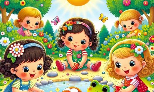 Illustrazione che rappresenta un magnifico parco soleggiato, pieno di fiori colorati e alberi maestosi con foglie verdi brillanti. Al centro, un laghetto scintillante riflette il cielo blu, circondato da piccoli ciottoli e farfalle svolazzanti. Quattro bambine di circa tre anni sono riunite attorno a una bella palla rossa decorata con fiori bianchi. Una di loro, con capelli castani e due codini, sorride gioiosamente tenendo la palla. Un'altra, con capelli biondi e ricci, guarda il laghetto con curiosità. La terza, con capelli castani e una piccola treccia, si accovaccia per raccogliere la palla, mentre l'ultima, con capelli neri e un cappello colorato, ride saltellando attorno a loro. Accanto a loro, una piccola rana verde, con occhi scintillanti, si trova su una pietra, pronta a unirsi al loro gioco. Le bambine sembrano felici e entusiaste, pronte a giocare insieme, mentre il sole brilla sopra di loro, creando un'atmosfera gioiosa e amichevole. Fiori selvatici e insetti colorati aggiungono un tocco di magia a questa scena di avventura e amicizia.