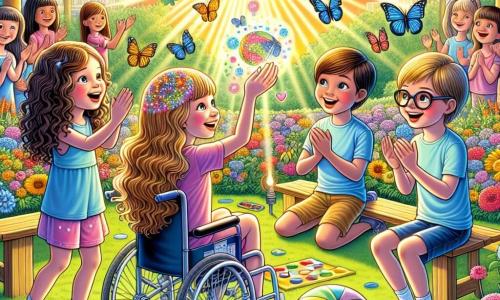 Ilustración que representa un parque soleado, lleno de flores coloridas y árboles verdes. En el centro, un grupo de cuatro niños está reunido alrededor de un pequeño escenario improvisado, donde una niña de 10 años, con cabello rizado y gafas, está sentada en una silla de ruedas decorada con luces brillantes. A su lado, una niña de 9 años, con cabello largo y castaño, sonríe con entusiasmo, sosteniendo una pelota colorida. Otra niña de 10 años, con cabello corto y rubio, levanta los brazos al aire, animando a los demás. Por último, un niño de 9 años, con cabello castaño y gafas, mira con admiración a la niña en la silla de ruedas, listo para participar en el juego. La situación principal muestra a los niños jugando juntos, unidos en una actividad de relevos donde cada uno encuentra su lugar, ilustrando el espíritu de inclusión y amistad. En el fondo, se oyen risas y aplausos, mientras mariposas vuelan a su alrededor, añadiendo un toque de magia a esta escena alegre e inspiradora.
