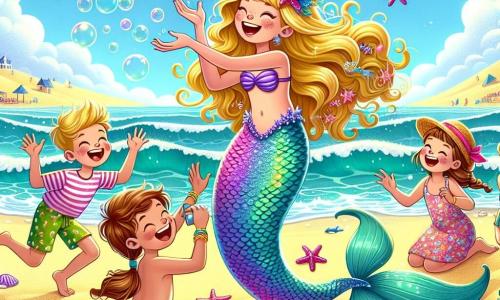 Ilustración que representa una playa soleada, con dunas de arena dorada y olas turquesas que se rompen suavemente en la orilla. En el centro de la imagen, una sirena con escamas violetas brillantes y cabello adornado con pequeñas estrellas de mar relucientes, riendo alegremente mientras hace burbujas de diferentes formas con sus manos. Alrededor de ella, un grupo de cuatro niños, dos chicos y dos chicas, de aproximadamente 8 a 10 años, están bailando y riendo. Los chicos llevan pantalones cortos coloridos y camisetas a rayas, mientras que las chicas usan trajes de baño con estampados florales y sombreros de paja. Todos están imitando los movimientos de la sirena, con sus rostros iluminados por la emoción y la alegría. La escena captura el momento en que la sirena y los niños se divierten juntos, rodeados de conchas brillantes y algunas estrellas de mar esparcidas sobre la arena. El cielo es de un azul brillante, salpicado de algunas nubes blancas y esponjosas, y el sol brilla intensamente, añadiendo un toque de magia a este momento de felicidad compartida.