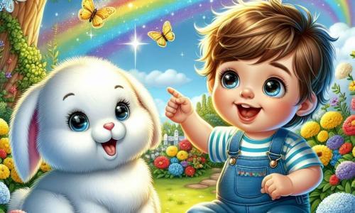 Illustrazione che rappresenta un giardino soleggiato, pieno di fiori colorati con tonalità vivaci di giallo, rosso e blu. Al centro, un bambino di 1 anno, con capelli castani disordinati e un grande sorriso, indossa una salopette blu e una maglietta a righe. Sta puntando un arcobaleno brillante che si estende nel cielo, i suoi occhi brillano di meraviglia. Accanto a lui, un coniglio di peluche, bianco e morbido, con grandi orecchie flosce, sembra incoraggiarlo con un'espressione gioiosa. Sullo sfondo, un grande albero con foglie verdi lussureggianti offre ombra, mentre uccelli colorati cantano tra i rami. La scena cattura il momento in cui il bambino e il suo amico di peluche decidono di partire per un'avventura nel giardino alla ricerca dell'arcobaleno. Farfalle danzano intorno a loro, aggiungendo un tocco magico all'illustrazione.