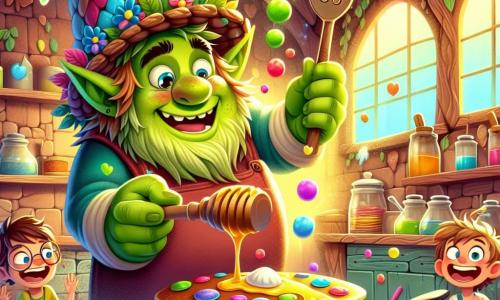 Ilustración que representa una escena alegre en una cabaña de chocolate, con paredes de caramelos coloridos y ventanas de caramelo que dejan pasar una luz suave y cálida. En el interior, un ogro de piel verde brillante, con grandes orejas puntiagudas y una amplia sonrisa, está preparando panqueques de arcoíris en una gran sartén de hierro. Lleva un sombrero hecho de hojas, que añade un toque divertido a su apariencia. Alrededor de él, varias criaturas graciosas están presentes: un niño de unos 8 años, con el cabello despeinado y gafas redondas, que observa con asombro la preparación de los panqueques, y una niña de 6 años, con cabello rizado y vestida con un vestido colorido, que baila alegremente mientras espera la degustación. La situación principal muestra al ogro vertiendo jarabe de miel sobre los panqueques, mientras los niños ríen e impacientan, con los ojos brillantes de emoción. Estallidos de colores vivos emanan de los panqueques, y burbujas de risa flotan en el aire, creando una atmósfera festiva y llena de vida. En el fondo, flores bailan al ritmo del viento, añadiendo un toque de magia a esta escena encantada.