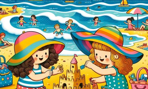 Ilustración que representa una playa soleada, con suaves olas rompiendo sobre la arena dorada. El cielo es de un azul brillante, salpicado de algunas nubes blancas y esponjosas. En primer plano, dos niñas, una con cabello castaño y rizado, de unos 8 años, que lleva un gran sombrero de rayas, y la otra con cabello rubio y liso, también de aproximadamente 8 años, con una pequeña mochila en la espalda. Están construyendo un castillo de arena, riendo y sonriendo, rodeadas de cubos y palas de colores. Conchas y pequeñas piedras decoran su obra. En el fondo, se pueden ver otros niños jugando en el agua y familias disfrutando del sol sobre toallas de playa. La atmósfera es alegre y veraniega, llena de colores vivos y felicidad.