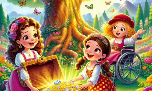Ilustración que representa un jardín soleado, lleno de flores coloridas y árboles majestuosos. En el centro, un gran árbol con ramas extendidas, bajo el cual hay un antiguo cofre de madera, ligeramente abierto, dejando entrever piedras preciosas brillantes. Tres niñas están presentes: una de 8 años con cabello rizado y una gran sonrisa, vestida con un vestido amarillo con lunares, que se agacha cerca del cofre, con los ojos brillantes de emoción. A su lado, una niña de 9 años, con cabello liso y una gorra roja, que se mantiene de pie con una postura dinámica, señalando hacia el cofre mientras sonríe. Finalmente, una niña de 10 años, sentada en una bonita silla de ruedas, con cabello largo y una corona de flores, que mira con asombro, sosteniendo una gema brillante en su mano. La escena captura el momento en que los niños descubren el tesoro escondido, rodeados de la magia de su jardín. Mariposas coloridas vuelan a su alrededor, añadiendo un toque de fantasía a la ilustración.