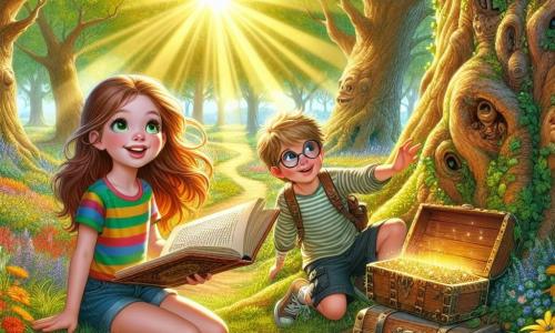 Ilustración que representa un viejo parque soleado, con majestuosos árboles de brillantes hojas verdes y un camino de tierra serpenteante entre flores de colores. En el centro de la escena, una niña de 11 años, con largos cabellos castaños, ojos brillantes de curiosidad y una sonrisa radiante, está agachada cerca de un viejo tronco de árbol. Lleva una camiseta colorida y un short, y sostiene un viejo libro de cuentos en sus manos, con una expresión de asombro. A su lado, un niño de 11 años, con el cabello rubio alborotado y gafas redondas, observa con fascinación el contenido del libro. Viste una camiseta a rayas y un short cargo. Juntos, descubren un pequeño cofre de madera, lleno de tesoros brillantes, bajo un rayo de sol dorado que ilumina su hallazgo. Los pájaros cantan en los árboles, y una suave brisa hace bailar las hojas, añadiendo un toque de magia a esta aventura.