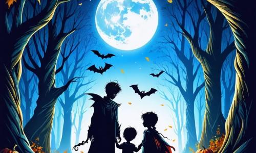Illustrazione che rappresenta una foresta incantata durante la notte di Halloween. Gli alberi sono alti e contorti, i loro rami si intrecciano come braccia misteriose, e foglie dorate e rosse cadono dolcemente a terra. La luna piena brilla sopra, proiettando una luce argentata che illumina la scena. Al centro, quattro bambini, due ragazzi e due ragazze, si tengono insieme. Un ragazzo di circa 12 anni indossa un costume da vampiro con un lungo mantello nero e denti aguzzi, mostrando un sorriso malizioso. Accanto a lui, una ragazza di 11 anni, travestita da strega, con un grande cappello nero e un vestito a volant, tiene una bacchetta magica scintillante. Un altro ragazzo, anch'egli di 12 anni, è vestito con un lenzuolo bianco da fantasma, con occhi rotondi e curiosi. Infine, una ragazza di 10 anni, vestita da mummia con bende attorno a sé, guarda con meraviglia. La scena principale mostra i bambini che scoprono un piccolo fantasma amichevole che fluttua davanti a loro, sorridente e illuminato da una dolce luce. Caramelle colorate cadono dal cielo, creando un'atmosfera festosa e magica. Creature della foresta, come gufi e pipistrelli, aggiungono un tocco di mistero, mentre stelle scintillano nel cielo notturno, rendendo questa notte di Halloween indimenticabile.