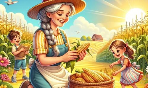 Illustrazione che rappresenta una bella fattoria soleggiata, circondata da campi dorati di mais che ondeggiano dolcemente al vento. In primo piano, una donna sorridente, di circa cinquant'anni, con capelli grigi raccolti in uno chignon, indossa un cappello di paglia e vestiti da lavoro colorati, mentre raccoglie con cura le pannocchie di mais, ponendole in un grande cesto di vimini ai suoi piedi. Accanto a lei, due bambini, una ragazza di circa 8 anni con lunghi capelli castani intrecciati e un ragazzo di 6 anni con capelli biondi arruffati, la stanno aiutando. La ragazza, con gli occhi brillanti di eccitazione, tiene una pannocchia appena raccolta, mentre il ragazzo, ridendo, cerca di rendere solenne un piccolo spaventapasseri che hanno realizzato insieme. La scena emana un'atmosfera gioiosa e calorosa, con uccelli che cantano nel cielo blu e nuvole bianche che fluttuano pigramente. Dettagli come fiori colorati nel giardino e animali della fattoria sullo sfondo, come galline che beccano il terreno e un cane che corre gioiosamente, contribuiscono all'atmosfera vivace di questa giornata di raccolta.
