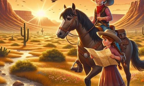 Illustration einer Szene in einer weiten Prärie des Wilden Westens, getaucht in das goldene Licht des Sonnenuntergangs. Sanfte Hügel erstrecken sich am Horizont, übersät mit Kakteen und bunten Wildblumen, während ein kleiner glitzernder Bach in der Nähe frische Akzente in diese trockene Landschaft bringt. Im Mittelpunkt des Bildes steht ein junger Mann, ein Cowboy, stolz auf seinem Pferd. Er trägt einen großen Cowboyhut, ein rot kariertes Hemd und eine Lederweste. Seine Stiefel glänzen im Sonnenuntergang, und sein Gesicht drückt Entschlossenheit und Aufregung aus. In seinen Händen hält er eine alte Schatzkarte und späht mit funkelnden Augen voller Abenteuer in die Ferne. Neben ihm beobachtet ein etwa zehnjähriges Mädchen mit langen, geflochtenen braunen Haaren neugierig die Szene. Sie trägt ein einfaches Kleid und Lederstiefel. Ihr Gesicht strahlt ein Lächeln aus, während sie mit dem Finger auf ein Detail auf der Karte zeigt und ihre Begeisterung für das bevorstehende Abenteuer zeigt. Die Hauptsituation zeigt den Cowboy und das Mädchen, die bereit sind, auf der Suche nach einer geheimnisvollen Höhle voller Schätze aufzubrechen, umgeben von der Weite der wilden Natur. Vögel fliegen am Himmel, und eine sanfte Brise lässt das hohe Gras tanzen, was der Illustration ein Gefühl von Bewegung und Aufregung verleiht.