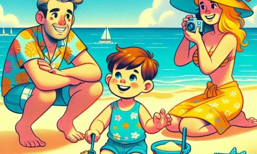 Illustrazione che rappresenta una spiaggia soleggiata con sabbia dorata che brilla sotto il sole. L'acqua turchese del mare si estende all'orizzonte, con alcune onde dolci che lambiscono la riva. Al centro dell'immagine, un bambino di 1 anno, con capelli castani e occhi scintillanti, è accovacciato sulla sabbia, concentrato a costruire un castello di sabbia. Indossa un piccolo costume da bagno blu e un divertente cappello da sole. Accanto a lui, i suoi genitori, un uomo di circa 30 anni con una leggera barba e una donna di circa 28 anni con capelli lunghi e biondi, sorridono mentre lo osservano. Il padre, vestito con una maglietta colorata e pantaloni corti, tiene un secchiello di sabbia, mentre la madre, in costume da bagno e pareo, scatta foto con una macchina fotografica. La scena trasmette un'atmosfera gioiosa e estiva, con conchiglie sparse sulla sabbia e un ombrellone colorato sullo sfondo.