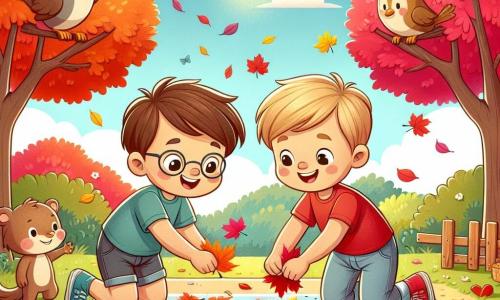 Ilustracja przedstawiająca park jesienią, z drzewami o płonących liściach w kolorze czerwonym, żółtym i pomarańczowym oraz ziemią pokrytą opadłymi liśćmi. Na środku dwóch chłopców w wieku około 6 lat, jeden z brązowymi włosami i okularami, w niebieskiej koszulce i szortach, a drugi z blond włosami, w czerwonej koszulce i beżowych spodniach, klęczy. Z zapałem zbierają kolorowe liście, aby stworzyć kolaż na dużym kawałku tektury. W tle jasnoniebieskie niebo i kilka białych chmur dodają radosnego akcentu do sceny. Nad nimi latają ptaki, a mały, ciekawski wiewiór obserwuje chłopców z gałęzi.
