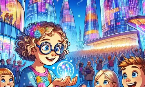 Illustratie van een futuristisch festival in een stralende stad, waar de glazen gebouwen schitteren onder een heldere blauwe lucht. Kleurrijke hologrammen dansen in de lucht, terwijl een groot podium omringd is door nieuwsgierige toeschouwers. Op de voorgrond staat een 7-jarig meisje met krullend haar en ronde bril, gekleed in een jurk met kleurrijke bloemenpatronen, verwonderd door een magische uitvinding. Ze houdt een kleine lichtgevende bol in haar handen, klaar om deze te activeren. Naast haar kijkt een jongen van ongeveer 8 jaar met messy blond haar en een gestreept t-shirt met grote ogen toe, gefascineerd door de scène. Op de achtergrond praten lachende volwassenen, gekleed in futuristische stijl, en maken foto's, wat bijdraagt aan een vrolijke en levendige sfeer. De atmosfeer is gevuld met felle kleuren, lachen en een gevoel van verwondering, die de geest van avontuur en ontdekking van dit innovatieve festival vastlegt.
