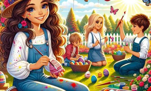 Illustration eines bunten, sonnigen Gartens, gefüllt mit leuchtenden Blumen in lebhaften Rot-, Gelb- und Violetttönen. In der Mitte hockt ein 11-jähriges Mädchen mit langen, lockigen braunen Haaren und einem strahlenden Lächeln, während sie mit leuchtenden Farben Ostereier bemalt. Sie trägt eine weiße, bemalte Bluse und eine Jeans. Neben ihr steht ein 11-jähriger Junge mit einem Strohhut und zerzausten blonden Haaren, der ein dekoriertes Ei hält und sein Werk bewundert. Eine Gruppe von Kindern im Alter von 8 bis 12 Jahren versammelt sich um sie, jeder mit Pinseln und Eiern in der Hand, lacht und teilt kreative Ideen. Die Szene strahlt eine fröhliche, festliche Atmosphäre aus, mit bunten Papiergirlanden, die an den Bäumen hängen, und einem großen Kartonnest voller bemalter Eier im Hintergrund des Gartens. Bunte Schmetterlinge fliegen umher und verleihen dem Moment eine magische Note.
