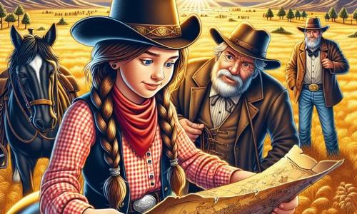 Illustration einer weiten goldenen Wiese unter einem strahlend blauen Himmel, gesprenkelt mit einigen weißen, baumwollartigen Wolken. In der Mitte sitzt eine junge Cowgirl mit langen, geflochtenen braunen Haaren, die einen Cowboyhut und ein rot kariertes Hemd trägt, auf einem glänzenden schwarzen Pferd und betrachtet eine alte Schatzkarte, die sie in den Händen hält. Neben ihr lehnen sich drei mittelalte Männer in staubigen Mänteln und Cowboyhüten neugierig und aufgeregt über die Karte. Die Szene strahlt eine Atmosphäre von Abenteuer und Kameradschaft aus, mit fernen Bergen im Hintergrund und einer untergehenden Sonne, die goldenes Licht auf die Landschaft wirft. Vögel fliegen am Himmel und verleihen dieser Schatzsuche einen Hauch von Leben.