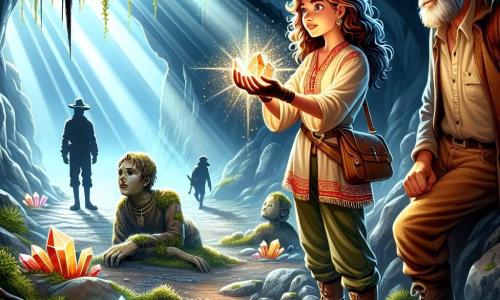 Illustration einer fesselnden Szene in einer geheimnisvollen Höhle, wo Lichtstrahlen durch Ritzen im Felsen filtern und funkelnde Kristalle sowie alte, moosbedeckte Statuen erleuchten. Im Zentrum steht eine mutige junge Frau mit langen, lockigen Haaren, gekleidet in eine bunte Tunika und praktische Hosen, die einen leuchtenden Kristall in ihren Händen hält, ihr Gesicht strahlt vor Staunen und Entschlossenheit. An ihrer Seite ein älterer Mann mit grauem Bart und von Erfahrung geprägten Falten, der einen Strohhut und eine Lederjacke trägt, aufmerksam beobachtet und bereit ist, sie bei ihrer Erkundung zu unterstützen. Die Hauptsituation zeigt die junge Frau, die ein antikes Artefakt entdeckt, während bedrohliche Schatten am Eingang der Höhle auftauchen, was auf die Anwesenheit eines Rivalen hindeutet. Zusätzliche grafische Elemente umfassen verstreute Edelsteine auf dem Boden, Baumwurzeln, die durch die Ritzen schlängeln, und eine spürbare Atmosphäre von Geheimnis und Abenteuer in der Luft.