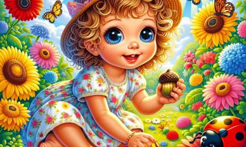 An illustration depicts a sunny garden filled with colorful flowers with bright red, yellow, and blue petals. In the center, a one-year-old girl with big sparkling eyes and curly hair is crouched in the green grass. She wears a light floral-patterned dress and a straw hat that gives her a cheerful look. She holds a golden acorn in her small hands, her face radiating happiness and wonder. Nearby, a red ladybug with black spots lands on a leaf, while a multicolored butterfly flutters around her, adding a touch of magic to the scene. The little girl appears fascinated by these insects, her eyes sparkling with excitement. The main focus shows the little adventurer discovering her treasure in the garden, surrounded by the beauty of nature, with sunlight filtering through the leaves, creating a warm and welcoming atmosphere. Additional elements like fluffy clouds in the blue sky and singing birds complete this joyful and lively scene.