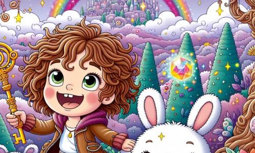 An illustration depicting a whimsical landscape in the Land of Whimsy, featuring a lavender sky sprinkled with sparkling stars and trees with swirling trunks adorned with multicolored leaves. In the center, a 9-year-old girl with curly brown hair and sparkling green eyes, smiling and full of energy, holds an ornate key in one hand and a shining rainbow crystal in the other, ready to share her discovery. Beside her, a small, round, fluffy creature resembling a mix of rabbit and bear, with large bulging eyes and soft fur, jumps for joy, displaying a wide smile. The scene exudes an atmosphere of adventure and magic, with laughing flowers and colorful clouds floating around them. In the background, sparkling mountains and joyful creatures dance, adding to the festive and playful ambiance of this quest to recover the stolen crystal.