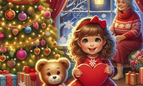 An illustration depicts a cozy room decorated for Christmas, with a large sparkling tree at the center, adorned with twinkling lights and colorful ornaments. On the floor, gifts are neatly stacked, surrounded by paper snowflakes. In the foreground, a one-year-old girl with curly hair and rosy cheeks sits on the rug. She wears a lovely red dress with snowflake patterns and joyfully smiles while holding a large red paper heart she made, her eyes sparkling with excitement. Next to her, a slightly worn but smiling teddy bear appears to encourage her with a friendly expression. In the background, a middle-aged woman with graying hair, wearing a festive sweater, watches the scene tenderly, a warm smile on her face, ready to receive her granddaughter's gift. The scene radiates an atmosphere of joy and Christmas magic, with twinkling lights and festive decorations adding a touch of enchantment.