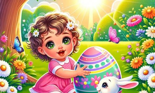 An illustration depicting a lovely sunny garden filled with colorful flowers and vibrant green grass. In the center, a one-year-old girl with big bright eyes and curly hair wears a pink dress with white polka dots. She is crouching down, reaching for a large shiny egg hidden under a tree, her face radiating curiosity and joy. Next to her, a small plush rabbit with long soft ears watches attentively. The rabbit has white fur and sparkling eyes. In the background, colorful butterflies flutter around the flowers, adding a touch of magic to the scene. Sunlight filters through the leaves of the tree, creating a warm and joyful atmosphere, perfect for celebrating Easter.