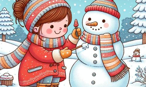 Illustrazione che rappresenta un paesaggio invernale incantevole, con un terreno coperto da uno spesso strato di neve scintillante sotto un cielo azzurro chiaro. Al centro, un bambino di un anno, con guance rosa e capelli castani, sta costruendo un pupazzo di neve. Indossa un cappotto rosso vivo, una sciarpa a righe e guanti gialli. Accanto a lui, una mamma di una trentina d'anni, con capelli castani raccolti in uno chignon e un sorriso caloroso, lo aiuta a mettere una carota per il naso del pupazzo di neve. Il pupazzo di neve è allegro, con occhi di bottone e un ampio sorriso. Fiocchi di neve cadono dolcemente attorno a loro, aggiungendo un tocco magico alla scena. Alberi innevati si ergono sullo sfondo, creando un'atmosfera pacifica e gioiosa.