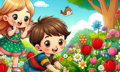 Ilustración que representa un jardín en plena floración en primavera, con flores coloridas: tulipanes rojos, margaritas blancas y narcisos amarillos, rodeados de un verde brillante. En el centro, dos niños juegan alegremente. Un niño de unos 7 años, con cabello castaño y ojos brillantes, se agacha para plantar una pequeña semilla en la tierra, con una gran sonrisa en su rostro. Junto a él, una niña de 6 años, con cabello rubio y un vestido colorido, aplaude con entusiasmo, sus ojos brillando de alegría. En el fondo, un gran árbol de hojas verdes exuberantes se alza bajo un cielo azul claro, mientras un pájaro canta en una rama. La atmósfera es alegre y soleada, llena de vida y colores vivos, capturando el espíritu de la primavera y la amistad de los dos niños.