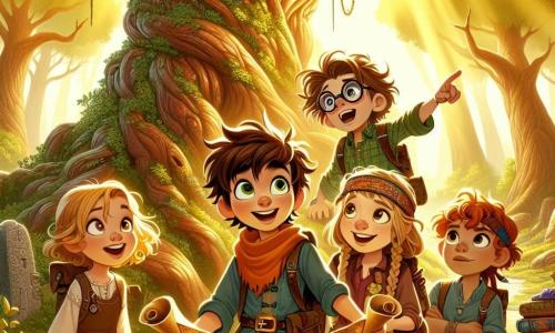 Ilustración que representa un claro de bosque encantado, bañado por la luz dorada del sol, donde grandes árboles con troncos retorcidos se elevan hacia el cielo, sus hojas de un verde brillante bailan suavemente al ritmo del viento. En el centro de esta escena, cuatro jóvenes aventureros están juntos, sus rostros iluminados por la emoción. El primero, un niño de siete años con grandes ojos curiosos y cabello castaño despeinado, sostiene un viejo rollo de mapa en sus manos, mirando con asombro. A su lado, una niña de su edad, con cabello largo y rubio trenzado, sonríe alegremente mientras señala una dirección en el mapa. El tercero, un niño con gafas redondas y cabello castaño, se inclina hacia adelante, sosteniendo una pequeña caja de herramientas, listo para resolver un misterio. Finalmente, otra niña, con cabello rizado y una cinta de colores, se mantiene erguida, con los brazos cruzados, mostrando una expresión decidida. La situación principal muestra a los niños descubriendo un antiguo tesoro escondido en un árbol gigante, rodeado de piedras brillantes y flores de colores. Elementos gráficos adicionales incluyen animales curiosos observando la escena, como una ardilla y un pájaro, y rayos de sol filtrándose a través de las hojas, creando una atmósfera mágica y alegre.