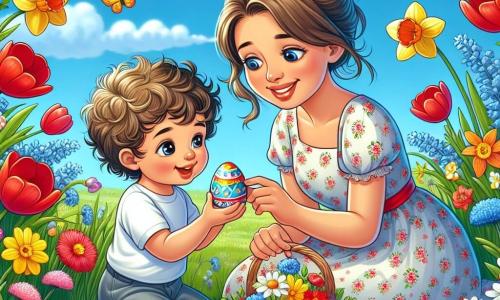 Ilustración que representa un jardín en plena floración en primavera, con flores coloridas: tulipanes rojos, narcisos amarillos y acianos azules, todo bajo un cielo azul claro salpicado de algunas nubes blancas. En el centro, un niño pequeño de aproximadamente un año, con cabello rubio y rizado, con una sonrisa radiante, está agachado en la hierba verde, sosteniendo un huevo decorado con colores vivos en sus pequeñas manos. A su lado, una mujer de unos treinta años, con cabello castaño recogido en un moño y vistiendo un vestido ligero con flores, sonríe mientras mira al niño, sosteniendo una cesta llena de flores. El niño parece maravillado por su descubrimiento, mientras que la mujer lo anima con ternura. En el fondo, mariposas coloridas revolotean alrededor de las flores, añadiendo un toque de magia a la escena primaveral.