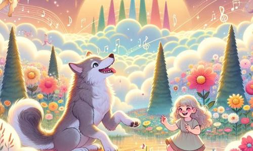 Illustratie van een uitgestrekt koninkrijk dat in de wolken zweeft, gevuld met kleurrijke bloemen die muzieknoten uitstralen en grote dansende bomen, alles verlicht door een gouden licht van de late namiddag. In het midden van de scène staat een jonge weerwolf met een zachte, zilveren vacht, stralende en expressieve ogen, vrolijk met een kwispelende staart te spelen met muzikale bloemen. Naast haar staat een klein meisje van ongeveer acht jaar, met lange gouden haren en sprankelende nieuwsgierige ogen, gekleed in een lichte jurk en glimlachend terwijl ze zich bukt om een bloem aan te raken. Samen lachen en spelen ze in deze magische sfeer, omringd door pluizige wolken en levendige kleuren. Op de achtergrond voegen schitterende regenbogen en vliegende fantasiewezens een vleugje betovering toe aan deze betoverende scène.