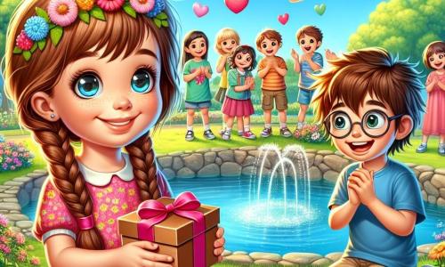 An illustration depicting a vibrant and joyful scene by a beautiful pond in a sunny park. The sky is a bright blue, dotted with fluffy white clouds, and colorful flowers surround the pond, adding a touch of magic to the setting. In the center of the image, a 10-year-old girl with braided brown hair and a shy smile holds a small gift in her hands. She wears a pink floral dress, and her eyes sparkle with excitement. Next to her, an 11-year-old boy with messy brown hair and glasses looks at the gift in wonder. He is wearing a blue t-shirt and beige shorts, and his face is lit up by a big smile. The main scene shows the girl offering the gift to the boy, who appears surprised and delighted. Around them, other children are gathered, laughing and applauding, creating a festive and warm atmosphere. Colorful hearts float in the air, symbolizing the spirit of Valentine's Day. In the background, a majestic oak tree stands tall, adding a touch of nature to this joyful scene.