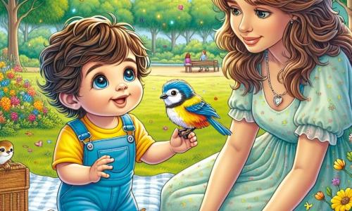 Illustrazione che rappresenta un parco soleggiato, pieno di erba verde brillante e fiori colorati, con alberi maestosi sullo sfondo. Al centro dell'immagine, un bambino di un anno, con capelli castani e ricci, grandi occhi curiosi, è seduto sull'erba. Indossa una salopette blu e una maglietta gialla, sorridendo felice mentre guarda un uccellino colorato vicino a lui. L'uccello, con piume gialle e blu, sembra cinguettare allegramente, creando un'atmosfera amichevole e gioiosa. Accanto al bambino, sua madre, una donna di circa trent'anni con capelli lunghi e castani, sorride dolcemente mentre li osserva. Indossa un vestito leggero ed è seduta su una coperta da picnic. La scena mostra il bambino che tende la mano verso l'uccello, come se volesse invitarlo a giocare, mentre l'uccello si avvicina con curiosità. Farfalle colorate volano intorno a loro, aggiungendo un tocco di magia al momento. Il cielo è blu con alcune nuvole bianche, e il sole splende, illuminando la scena con una luce calda.