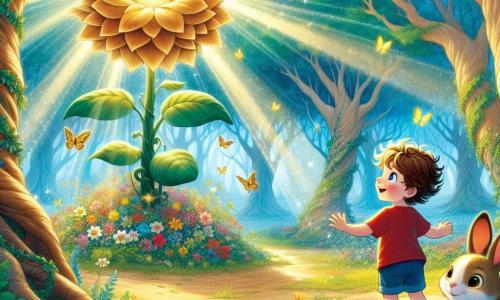 Ilustración que representa un hermoso claro en un Bosque Encantado, donde los majestuosos árboles de troncos gruesos se elevan hacia un cielo azul brillante, con sus hojas brillando como gemas bajo el sol. En el centro, una flor mágica de pétalos dorados brilla intensamente, rodeada de flores coloridas y mariposas danzantes. El personaje principal es un niño de 3 años, con cabello rizado y ojos chispeantes de curiosidad. Lleva una camiseta roja y un short azul, y se acerca a la flor con una gran sonrisa, los brazos abiertos, listo para pedir un deseo. A su lado, un pequeño conejo de orejas largas y pelaje suave, que parece tener alrededor de un año, mira al niño con ojos redondos y traviesos, listo para animarlo en su aventura. La escena principal muestra al niño, maravillado, frente a la flor mágica, mientras una suave brisa hace danzar los pétalos a su alrededor, creando una atmósfera de magia y asombro. Rayos de sol filtran a través de las hojas, añadiendo un toque dorado a esta escena encantada.