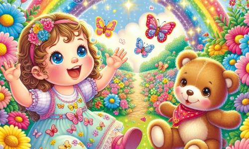 Illustrazione che rappresenta una scena magica in un giardino incantato, pieno di fiori colorati con petali brillanti di rosa, giallo e blu. Al centro, una bambina di circa 1 anno, con grandi occhi curiosi e capelli ricci, indossa un vestito leggero con motivi di farfalle. È seduta sull'erba verde, ridendo a crepapelle, con le braccia alzate in segno di gioia, mentre accanto a lei c'è un orsetto di pezza, un orsacchiotto morbido e sorridente, con pelliccia marrone e una sciarpa rossa attorno al collo. Insieme, esplorano un sentiero di fiori scintillanti, circondati da un arcobaleno brillante che illumina il cielo. Farfalle colorate volano intorno a loro, aggiungendo un tocco di magia a questa avventura gioiosa.