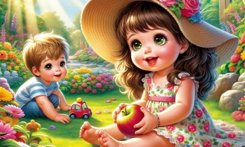 Illustratie van een zonnige tuin, vol kleurrijke bloemen met stralende rode, gele en blauwe bloemblaadjes. In het midden staat een grote fruitboom met takken vol glanzende rode appels, die een zachte schaduw op de grond werpt. In deze tuin zit een 1-jarig meisje met krullend kastanjebruin haar en nieuwsgierige ogen op het groene gras. Ze draagt een mooie bloemenjurk en een grote zonnehoed, terwijl ze vrolijk glimlacht met een glanzende steen in haar kleine handen. Dichtbij staat een jongetje van ongeveer 3 jaar met rommelig blond haar en een blauwe t-shirt, dat de scène met verwondering observeert. Hij houdt een klein rood autootje vast, klaar om op avontuur te gaan. De scène toont het meisje en het jongetje die klaar zijn om te verkennen, omringd door de schoonheid van de tuin, met zonnestralen die door de bladeren filteren en een magische sfeer creëren. Kleurrijke vlinders fladderen om hen heen en voegen een vleugje leven toe aan dit vrolijke avontuur.