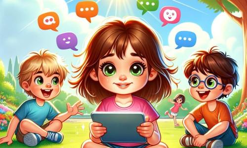 An illustration depicts a scene in a sunny park filled with colorful flowers and majestic trees with bright green leaves. In the center, a 7-year-old girl with messy brown hair and sparkling curious eyes sits on the grass, holding a tablet in her hands. She wears a pink t-shirt and blue shorts, and her face shows slight sadness as she reads messages on the screen. Next to her, two boys around 8 years old, one with short blonde hair and a friendly smile, and the other with curly brown hair and glasses, lean towards her with encouraging expressions. The blonde enthusiastically says something, while the brunette looks at the screen seriously, ready to help. The main situation shows the girl facing hurtful messages on her tablet but surrounded by friends offering support and friendship. Colorful speech bubbles float around them, illustrating positive words and encouragement. In the background, the sky is bright blue, and children are joyfully playing, symbolizing the importance of camaraderie and kindness.
