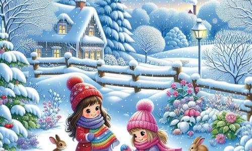 Illustrazione che rappresenta un giardino incantato in inverno, coperto da uno spesso strato di neve scintillante sotto un cielo azzurro chiaro. Al centro, due ragazze, una con lunghi capelli castani e una sciarpa rossa, l'altra con capelli biondi e un berretto rosa, stanno coprendo le piante con coperte colorate. Le ragazze, di circa 8 anni, mostrano sorrisi gioiosi e guance arrossate dal freddo. La scena è piena di piccoli dettagli: fiocchi di neve cadono dolcemente, impronte di zampe di coniglio sono visibili nella neve, e alberi con rami carichi di neve circondano il giardino. Sullo sfondo, una casa accogliente con fumo che esce dal camino aggiunge un tocco di comfort a questa bella giornata invernale.
