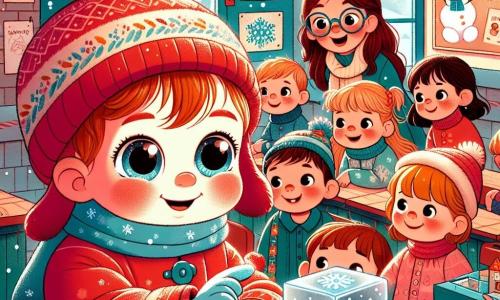 Illustrazione che rappresenta un'aula calda e colorata, con pareti decorate da disegni invernali e fiocchi di neve. Al centro, una bambina di un anno, con grandi occhi curiosi e guance rosa, indossa un bel cappotto rosso e un berretto di lana. È seduta a un tavolo, toccando un cubo di ghiaccio con meraviglia, un sorriso radioso sul volto. Accanto a lei, un'insegnante di circa 30 anni, con capelli castani e occhiali, mostra una foto di neve agli altri bambini. Sullo sfondo, diversi bambini di 3-5 anni, felici e attenti, guardano l'insegnante con espressioni di eccitazione. La scena trasmette un'atmosfera di gioia e scoperta, con fiocchi di neve disegnati sulle finestre e disegni di pupazzi di neve appesi alle pareti.