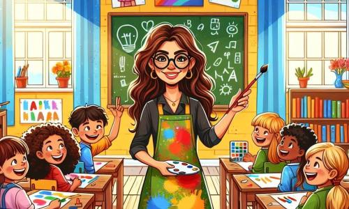 Illustrazione che rappresenta un'aula luminosa con pareti gialle e un soffitto rosso, piena di libri colorati e disegni di bambini appesi alle pareti. Al centro, una donna sorridente, con lunghi capelli castani e occhiali, è in piedi davanti a una lavagna nera, tenendo un pennello in una mano e una tavolozza di colori nell'altra. Indossa un camice colorato, pieno di macchie di vernice, e irradia passione per l'insegnamento. Intorno a lei, diversi bambini di circa 9 anni sono seduti a tavoli di legno. Un ragazzo dai capelli ricci e con occhi brillanti alza la mano con entusiasmo, mentre una ragazza con trecce bionde guarda con ammirazione la lavagna, sorridendo. La scena trasmette un'atmosfera gioiosa e creativa, dove l'apprendimento e l'arte si incontrano. Sullo sfondo, le finestre lasciano entrare la luce del sole, illuminando i volti dei bambini e creando un'atmosfera accogliente. Forniture scolastiche, come matite, pennarelli e fogli di carta, sono sparse sui tavoli, aggiungendo un tocco di dinamismo all'illustrazione. La donna insegna con passione, ispirando i suoi alunni a esplorare la loro creatività attraverso l'arte.