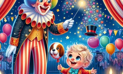 Ilustracja przedstawiająca kolorowy i żywy cyrk, z czerwono-białymi namiotami, balonami unoszącymi się w powietrzu i migoczącymi światłami. W centrum mały chłopiec, mający 1 rok, z kręconymi włosami i błyszczącymi oczami, uśmiecha się z zachwytem, trzymając w małych rękach balon w kształcie psa. Obok niego wesoły klaun, mający około 30 lat, z dużym czerwonym nosem, niezdarnymi włosami i wielokolorowym kostiumem, robi miny, aby rozweselić młodego chłopca. W tle elegancki magik, mający około 40 lat, w długim czarnym płaszczu i cylinderze, macha swoją różdżką, wypuszczając kolorowe konfetti w powietrze. Scena emanuje atmosferą radości i magii, z migoczącymi gwiazdami i śmiechem dzieci rozbrzmiewającym w powietrzu.